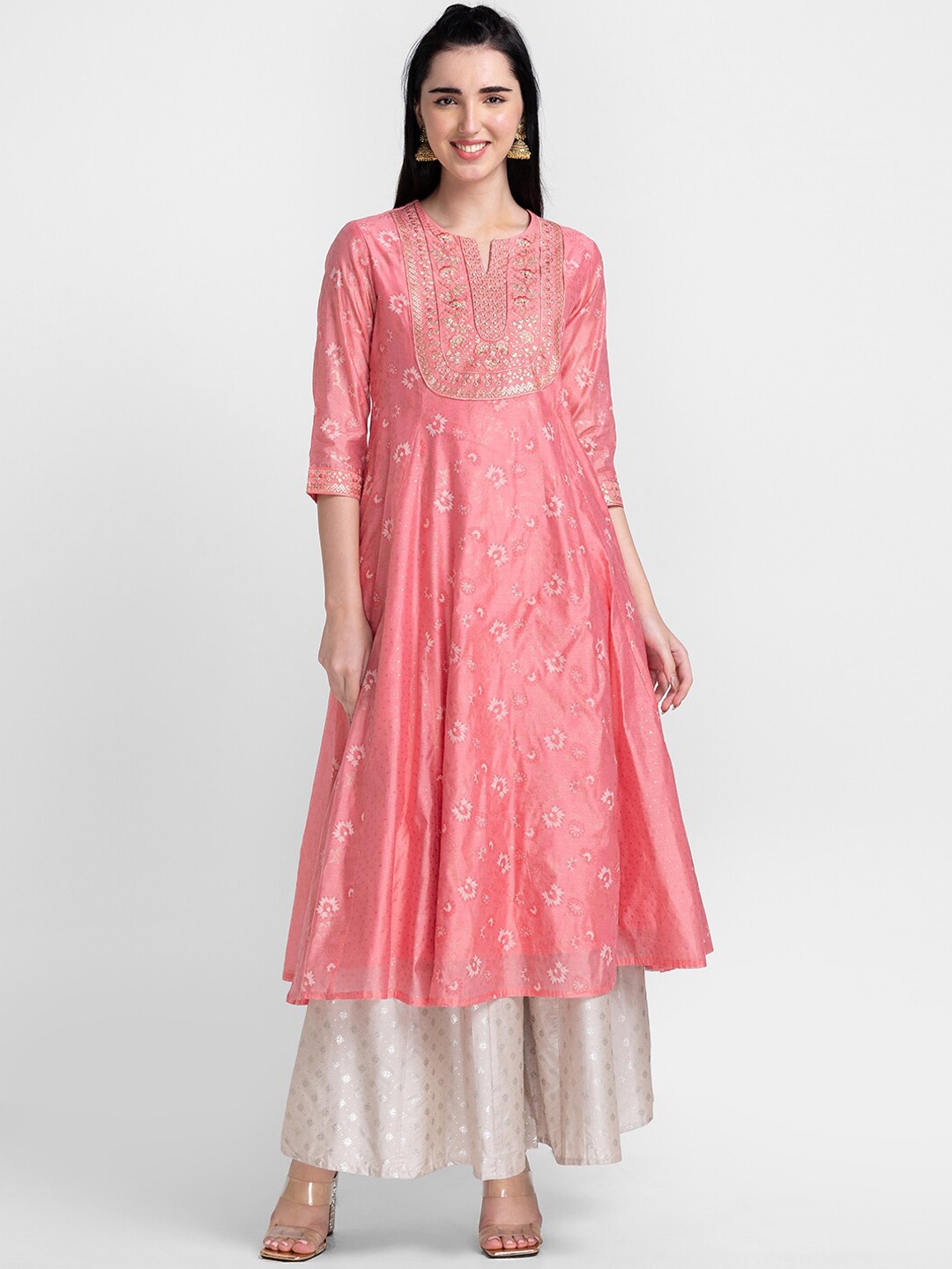 

Globus Women Pink & Gold-Toned Ethnic Motifs Printed Chanderi Silk Anarkali Kurta