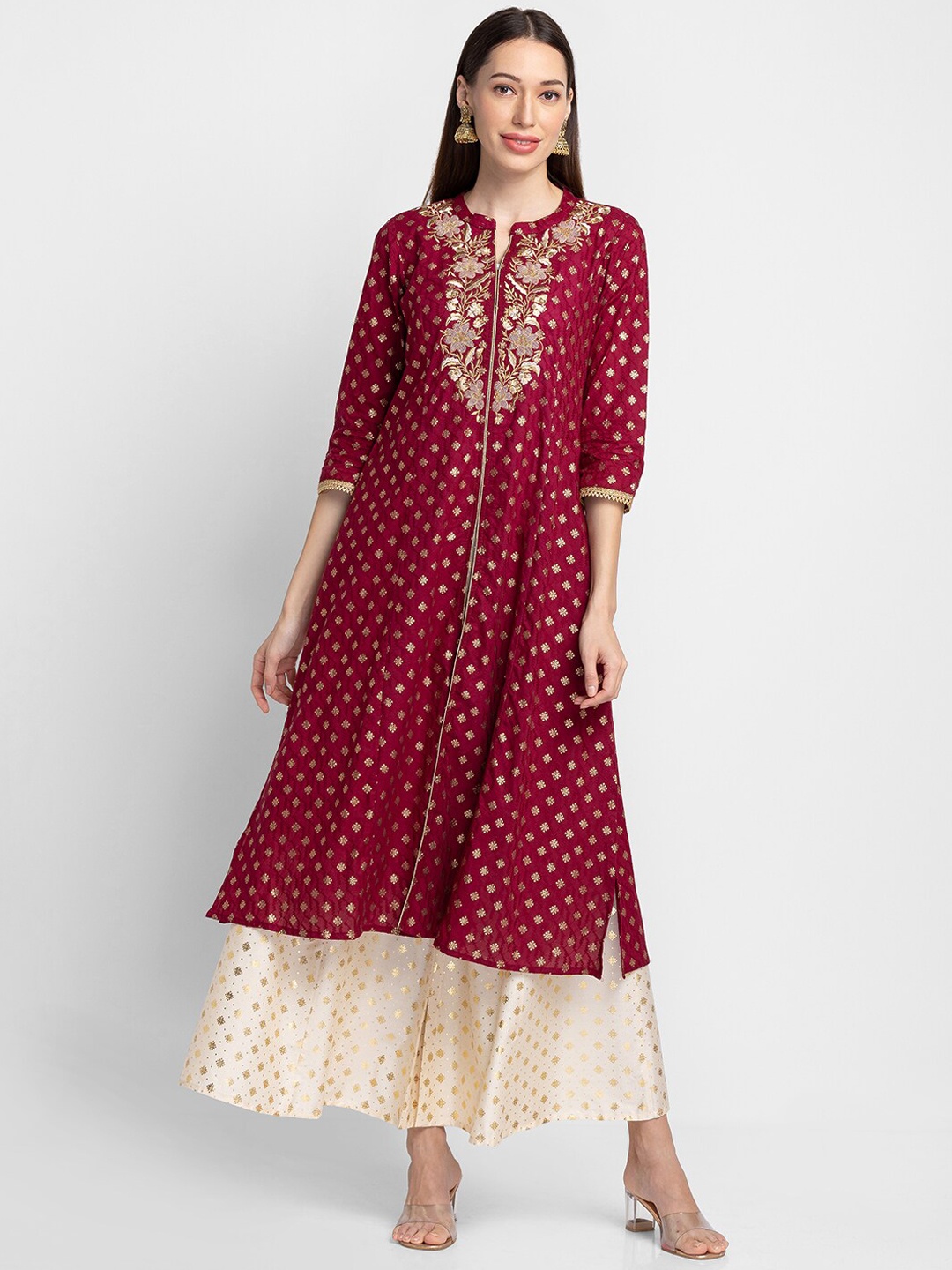 

Globus Women Burgundy & Gold-Toned Ethnic Motifs Printed Thread Work Pure Cotton Kurta