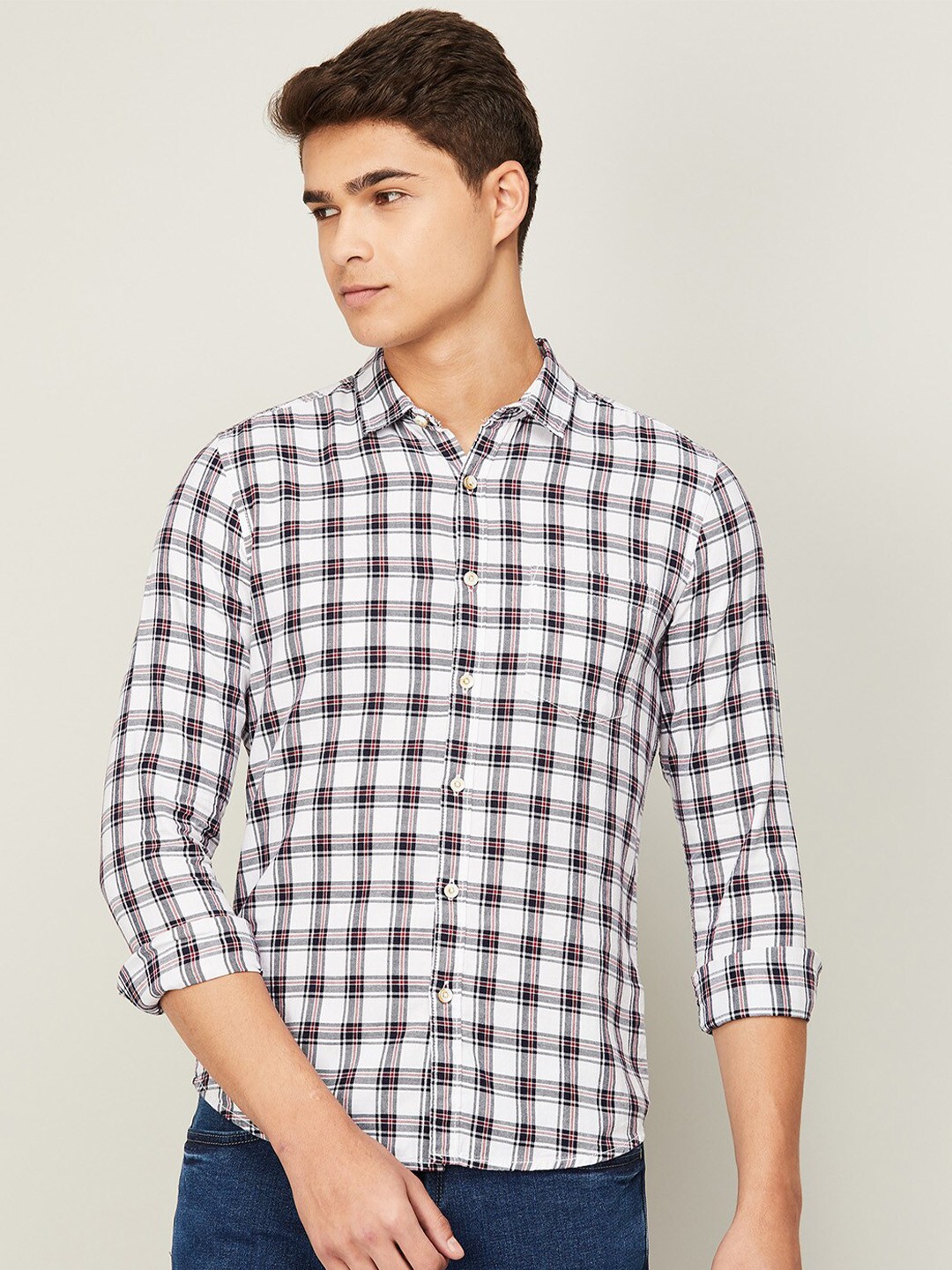 

Forca Men White Checked Cotton Casual Shirt