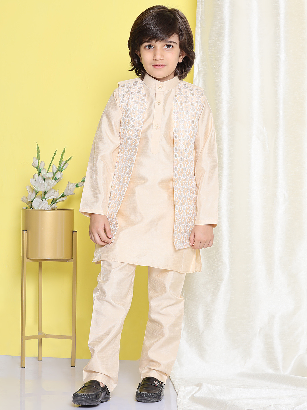 

Aj DEZInES Boys Beige Pure Silk Kurta with Pyjama with Jacket