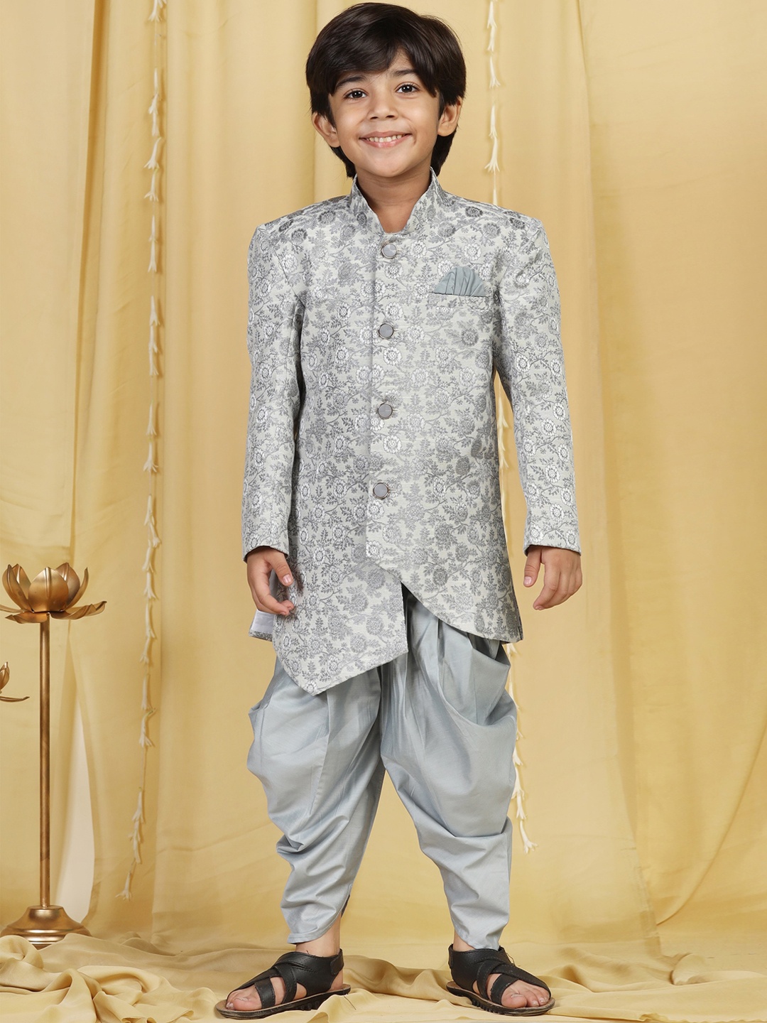 

Aj DEZInES Kids Grey Jacquard Sherwani With Dhoti Pant For Boys