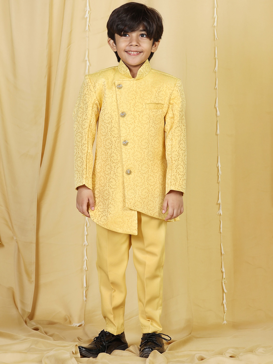 

Aj DEZInES Boys Yellow Floral Sherwani With Trouser