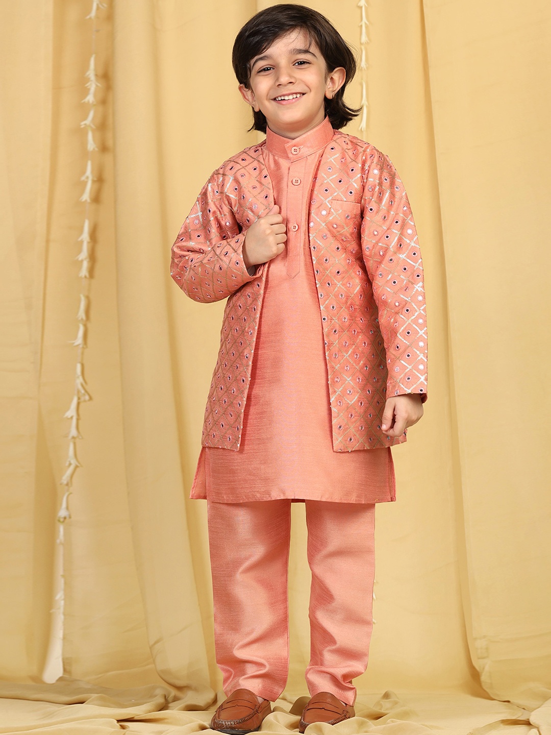 

Aj DEZInES Boys Peach-Coloured Silk Kurta with Pyjamas