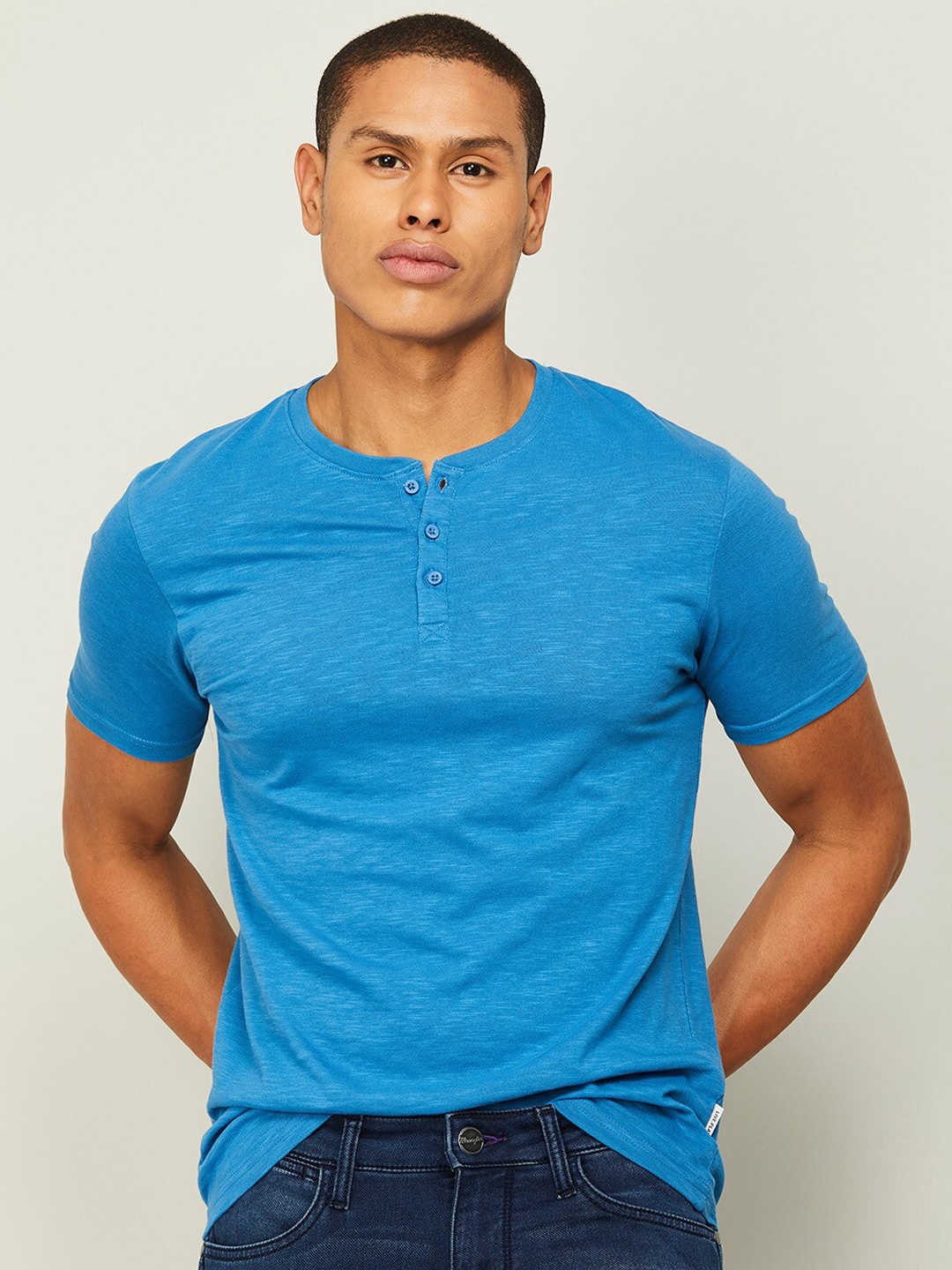 

Fame Forever by Lifestyle Men Blue Henley Neck Solid Cotton T-shirt