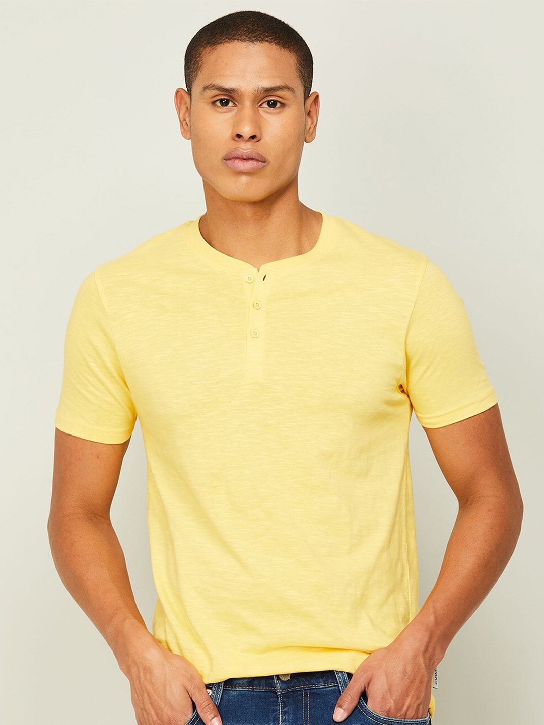 

Fame Forever by Lifestyle Men Yellow Henley Neck Cotton T-shirt