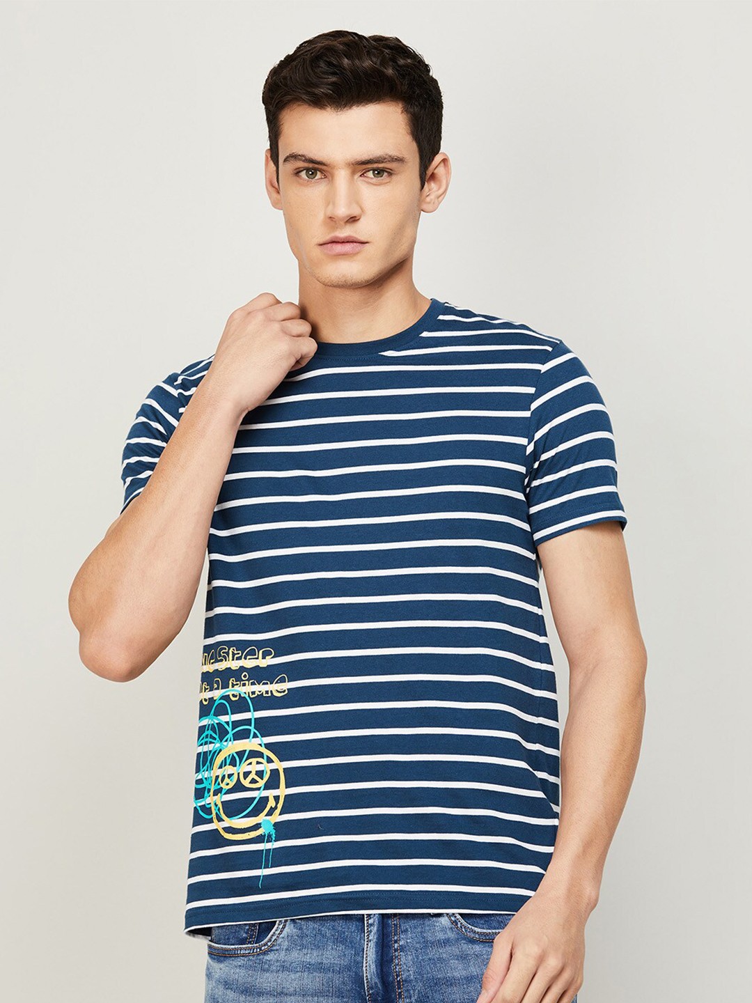 

SmileyWorld Men Navy Blue Striped Cotton T-shirt