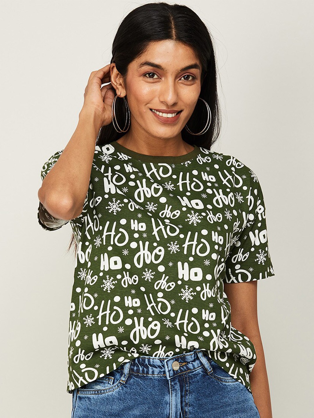 

Ginger by Lifestyle Women Olive Green Typography Printed Pure Cotton T-shirt