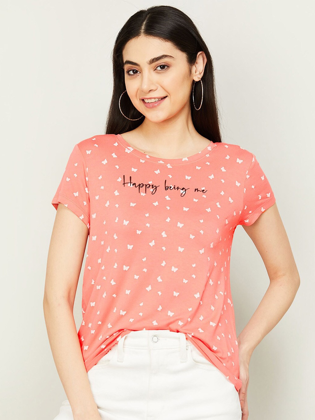 

Fame Forever by Lifestyle Peach-Coloured Printed Pure Cotton Top