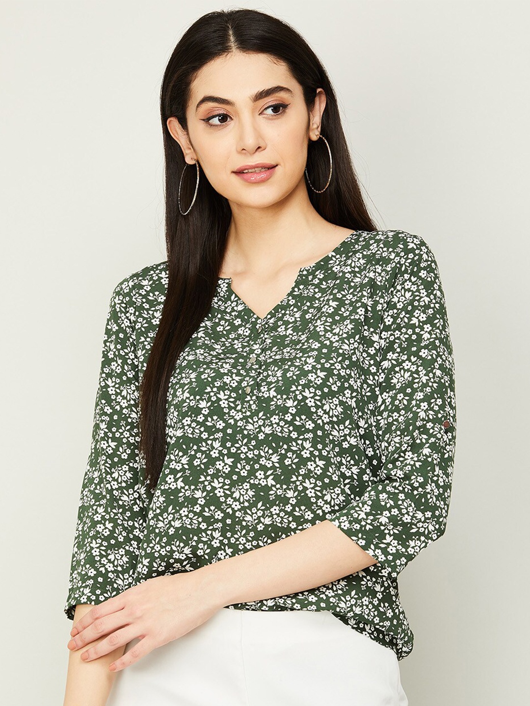 

Fame Forever by Lifestyle Green Floral Print Mandarin Collar Top