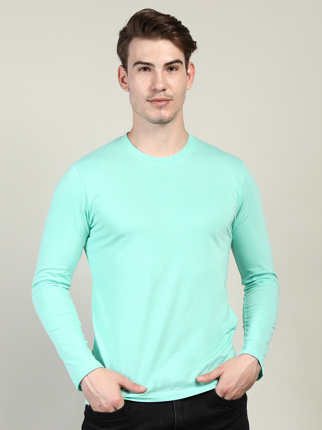 

Plagg Men Teal Regular Fit Full Sleeve Cotton T-shirt, Turquoise blue