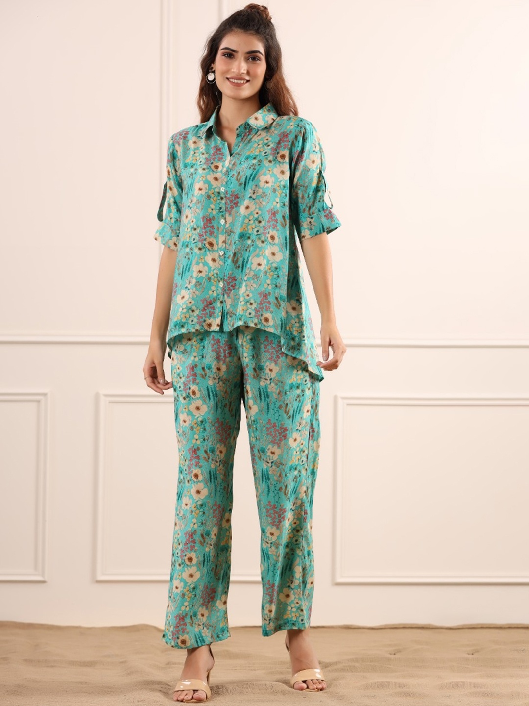 

JISORA Women Blue Printed Silk Co-Ords