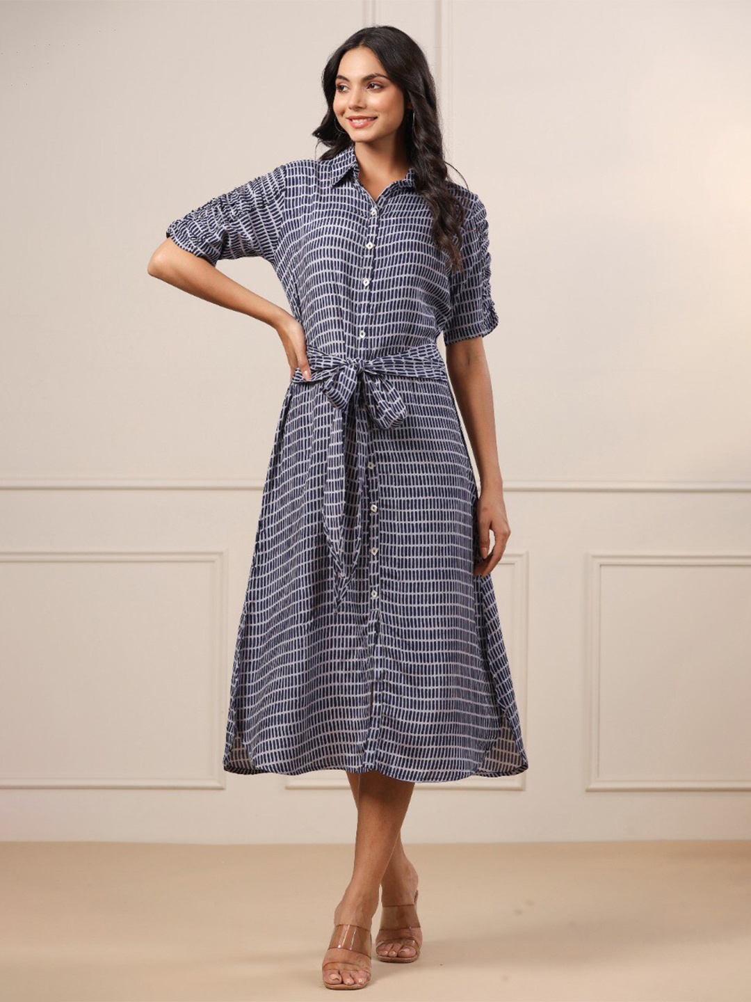 

JISORA Women Navy Blue & White Striped Shirt Midi Dress