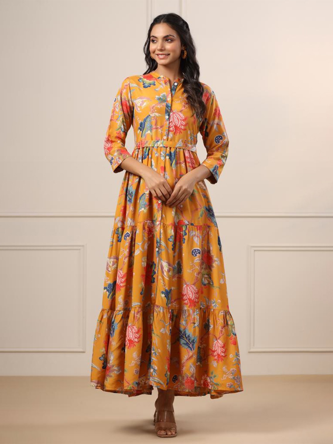

JISORA Mustard Yellow & Pink Floral Maxi Maxi Dress