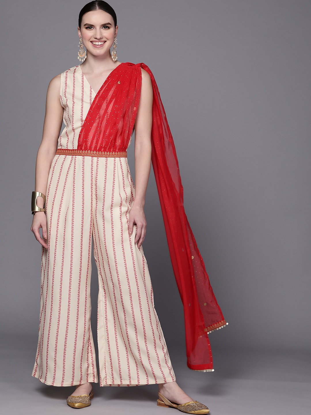 

Ahalyaa Off White & Red Printed Basic Jumpsuit