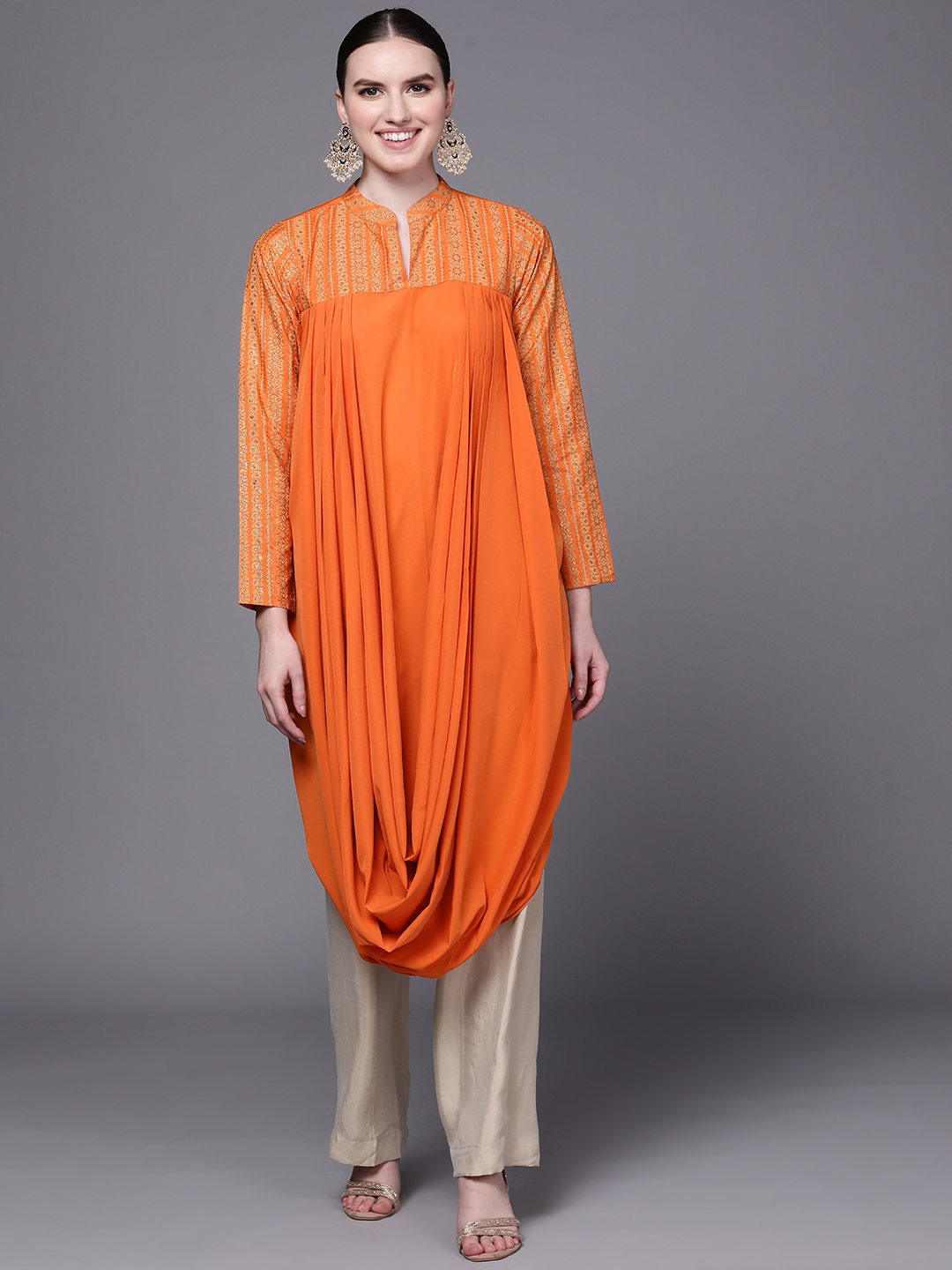 

Ahalyaa Women Orange Ethnic Motifs Printed Crepe Kurta