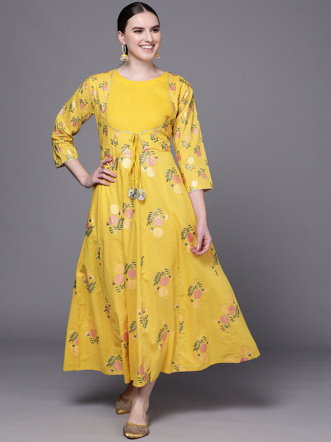 

Ahalyaa Women Yellow Floral Fit & Flare Maxi Ethnic Dress