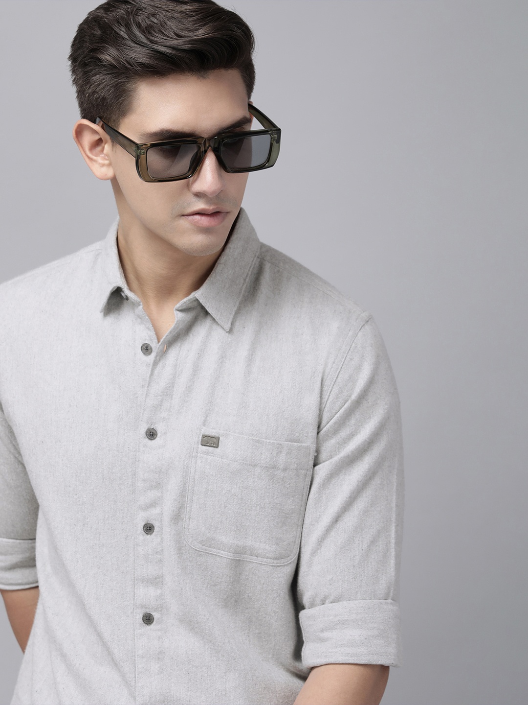 

THE BEAR HOUSE Men Grey Solid Cotton Slim Fit Casual Shirt