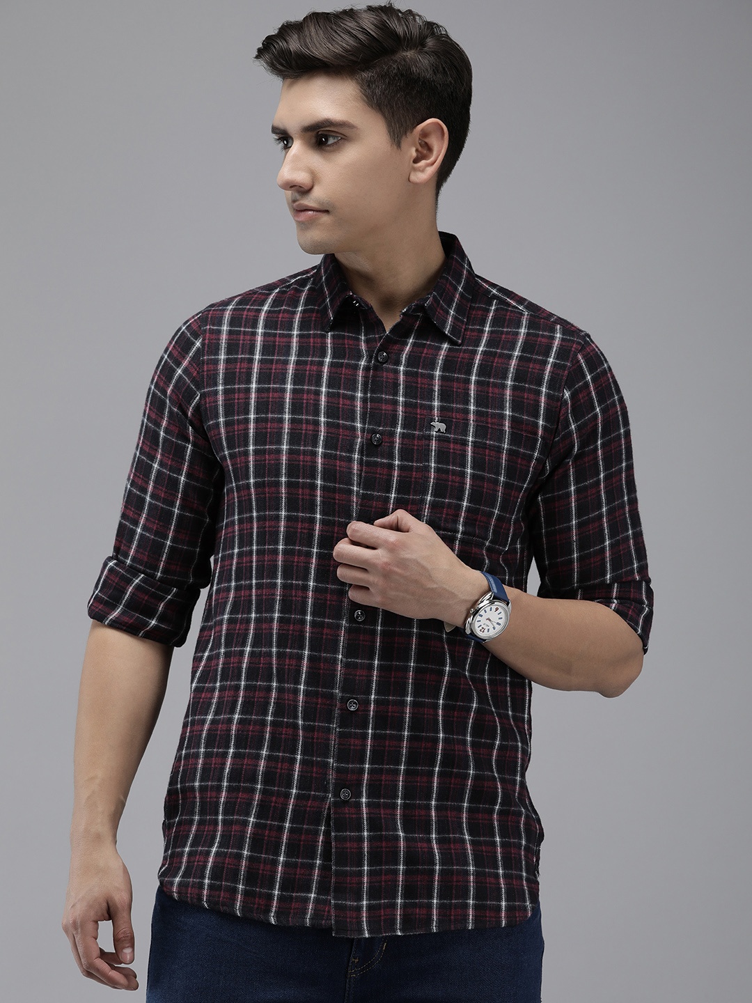 

THE BEAR HOUSE Men Maroon & Black Cotton Slim Fit Tartan Checks Checked Casual Shirt