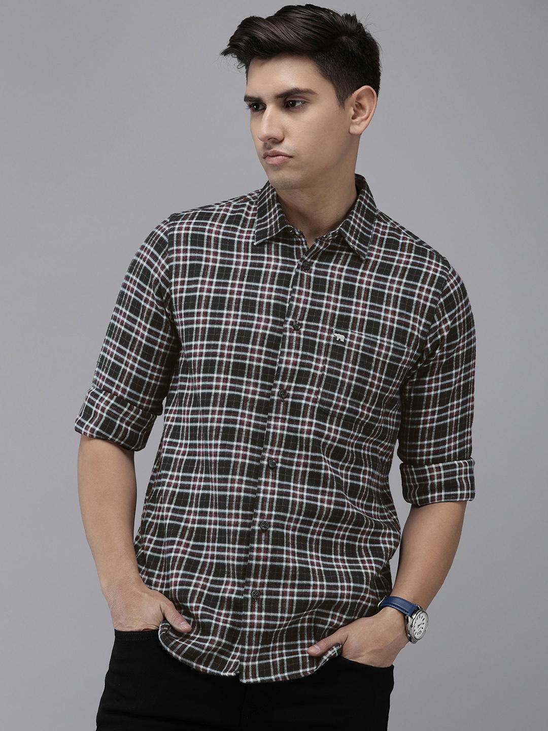 

THE BEAR HOUSE Men Black & White Slim Fit Tartan Checked Casual Shirt