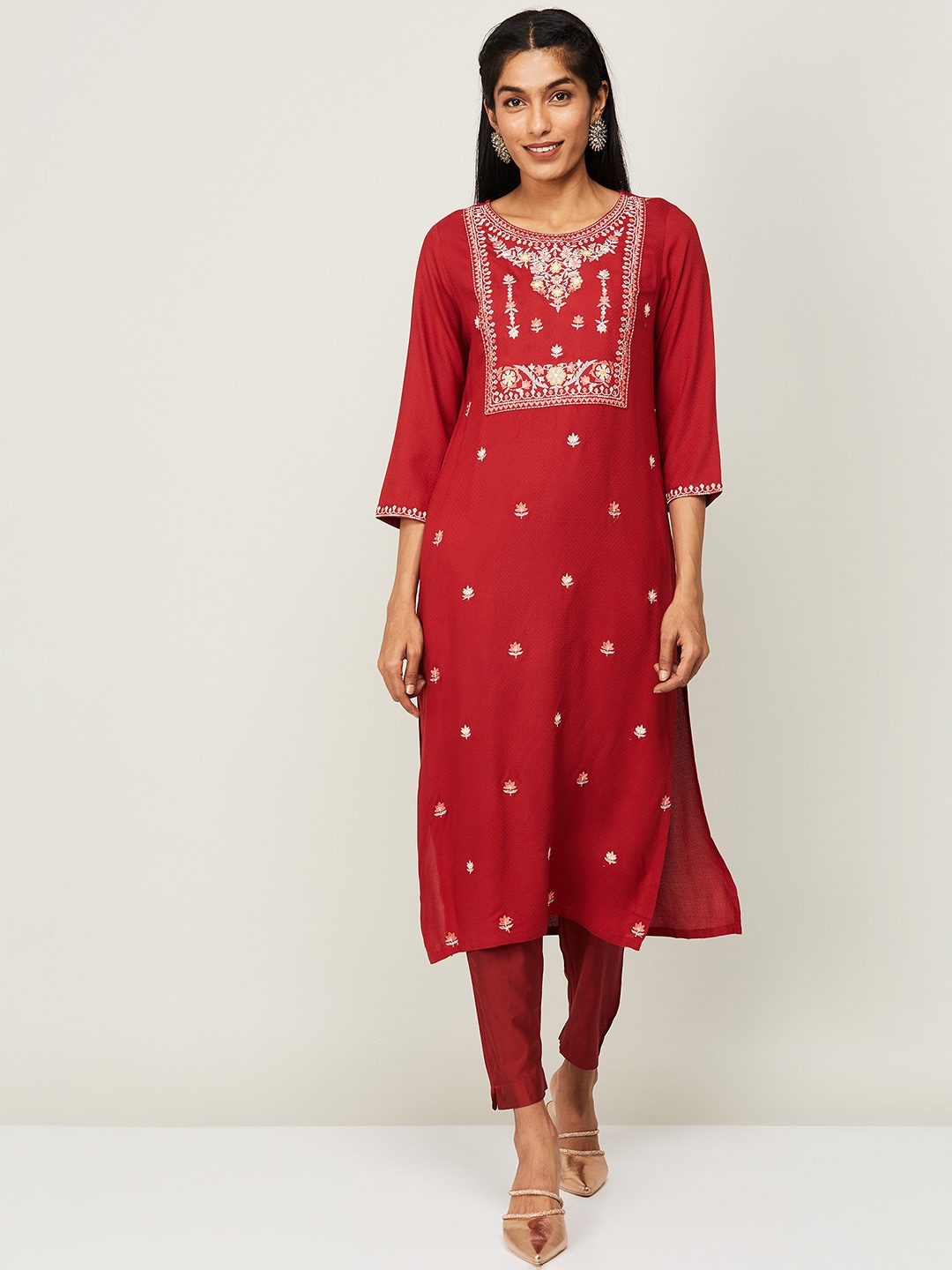 

Melange by Lifestyle Women Red Ethnic Motifs Embroidered Kurta