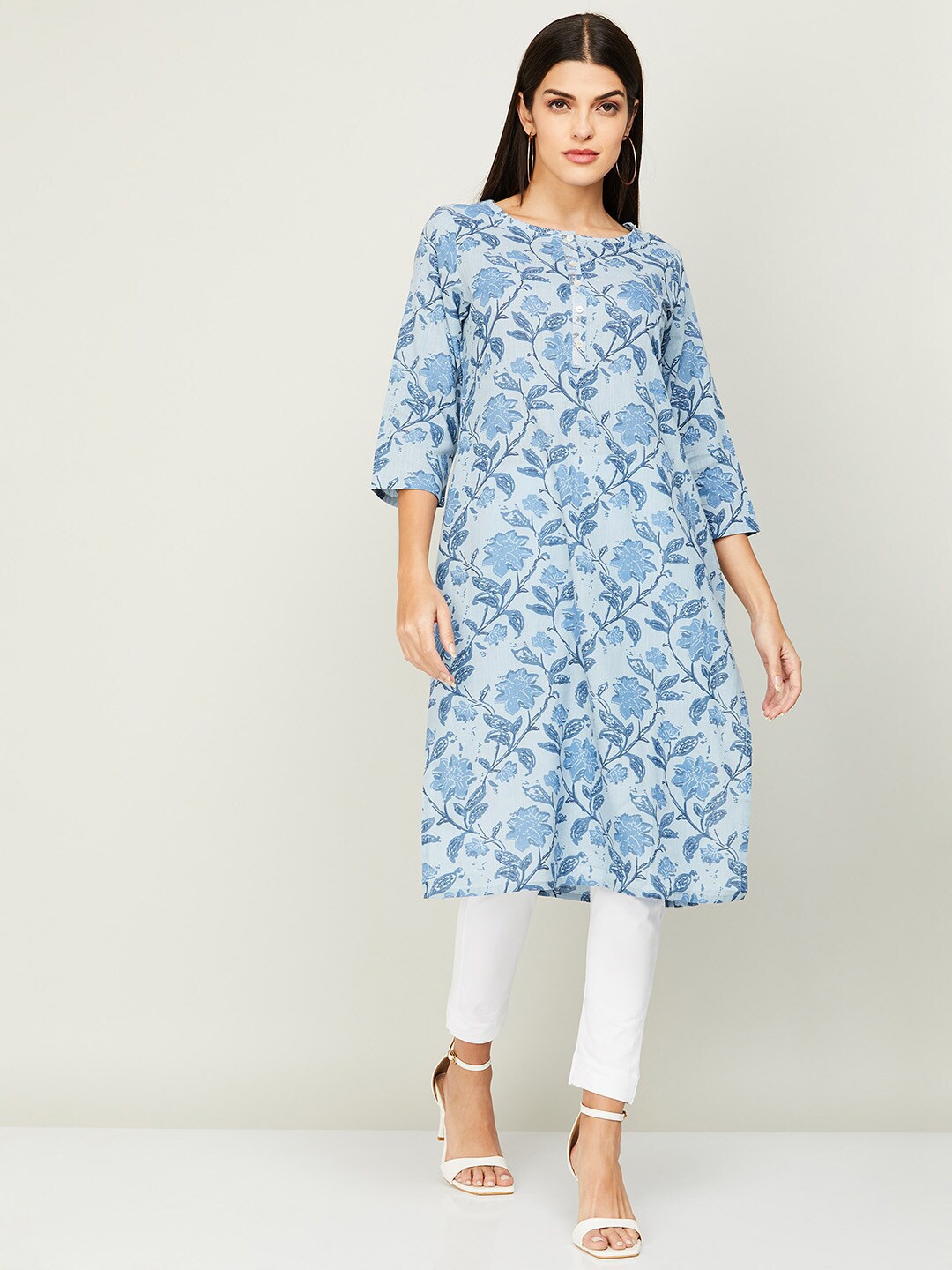 

Melange by Lifestyle Women Blue Floral Printed Cotton Kurta