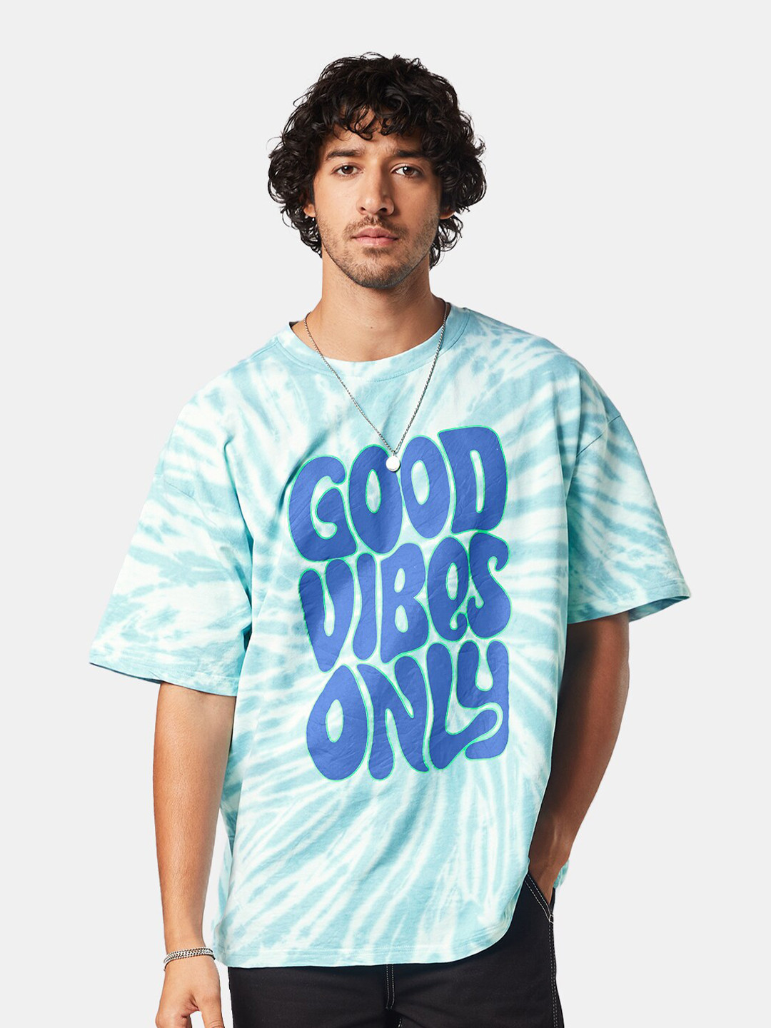 

The Souled Store Men Sea Green Tie and Dye Printed Cotton Oversized T-Shirt