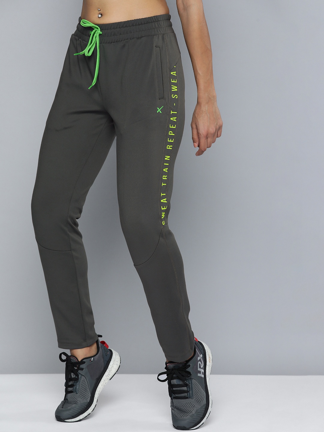 

HRX By Hrithik Roshan Women Charcoal Grey Typography Print Rapid-Dry Track Pants