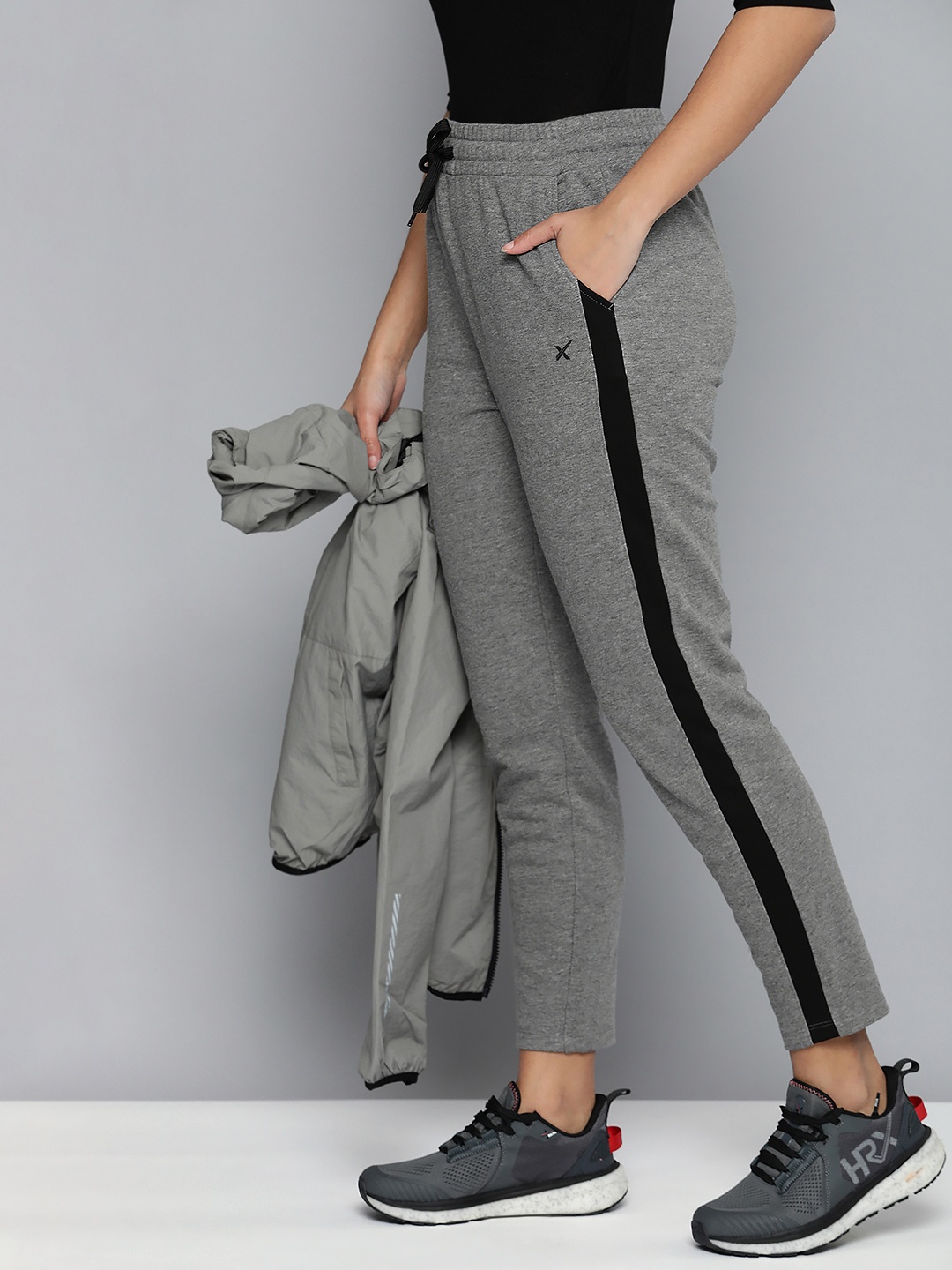 

HRX By Hrithik Roshan Women Heather Logo Printed Striped Track Pants, Grey melange