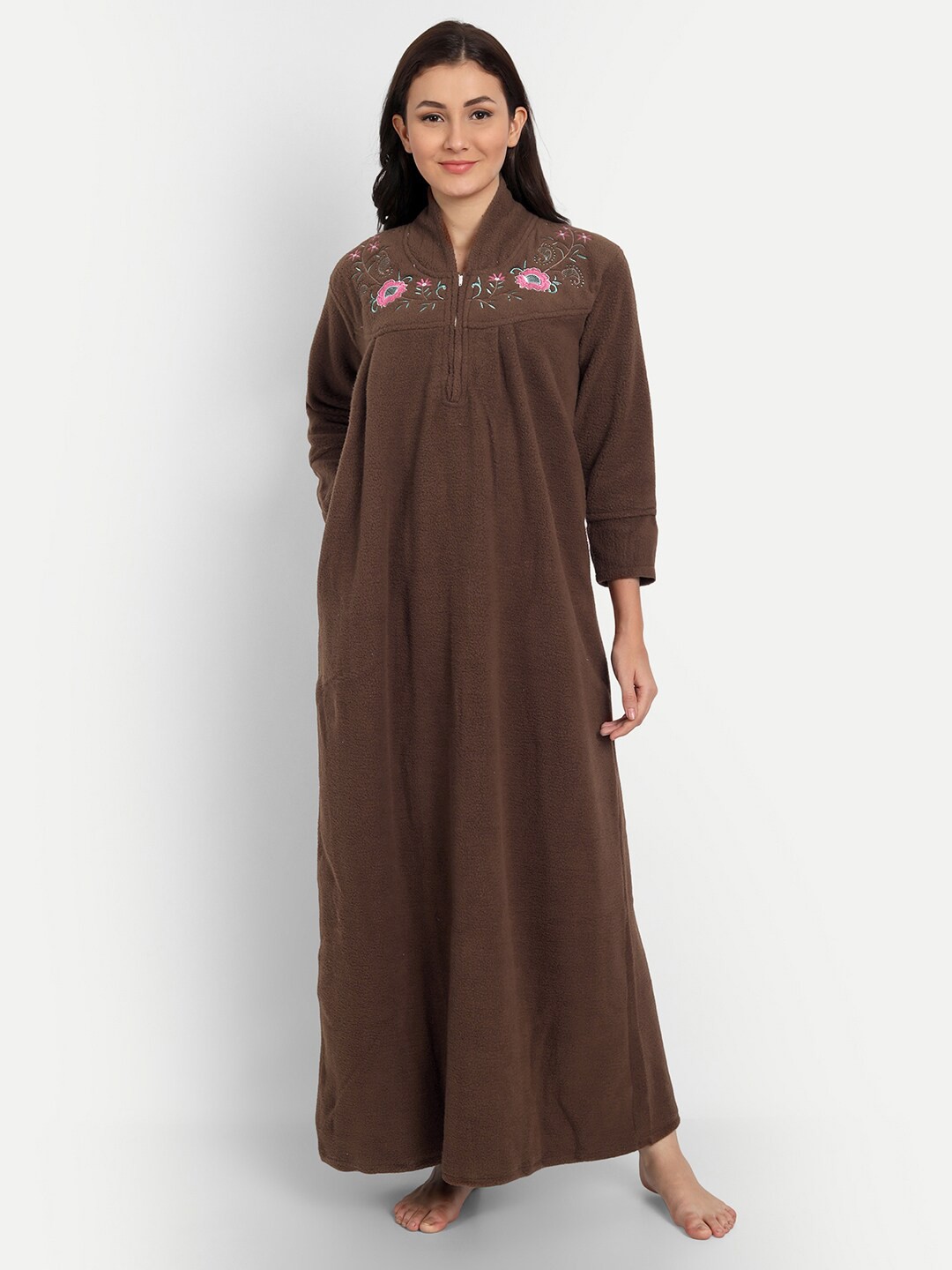 

PALIVAL Women Brown Embroidered Maxi Nightdress