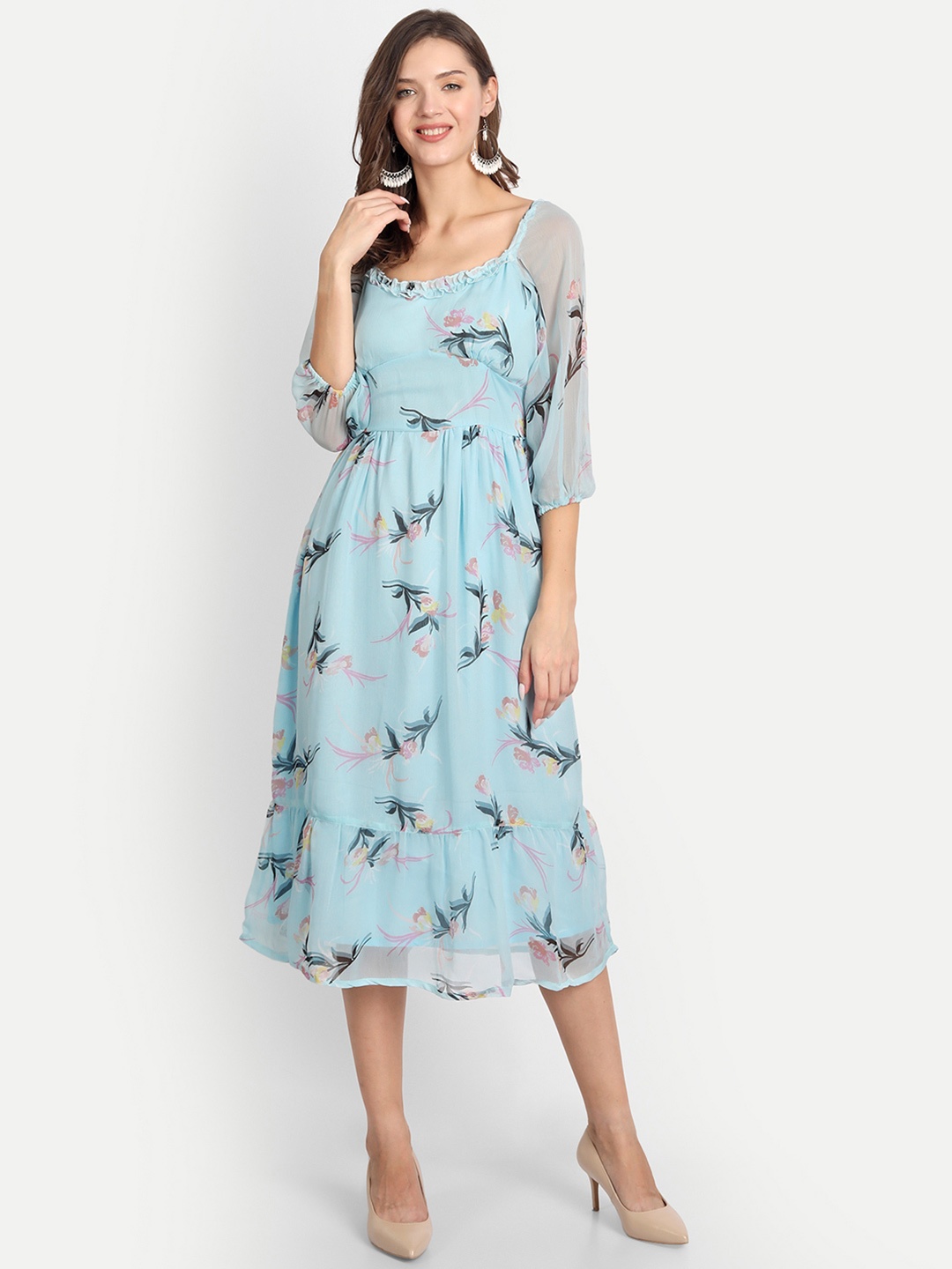 

D 'VESH Women Blue & Pink Floral Printed Fit and Flare Midi Dress