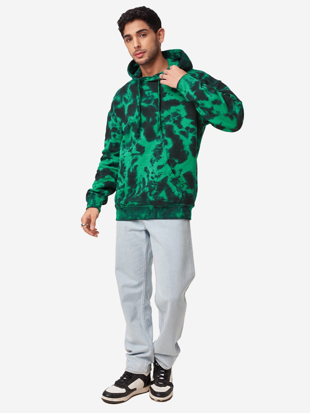 

The Souled Store Men Green Tie & Dye Hooded Pure Cotton Oversized Sweatshirt