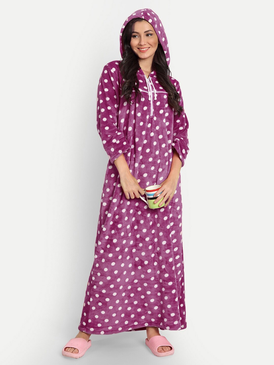 

PALIVAL Women Maroon Printed Hooded Maxi Nightdress