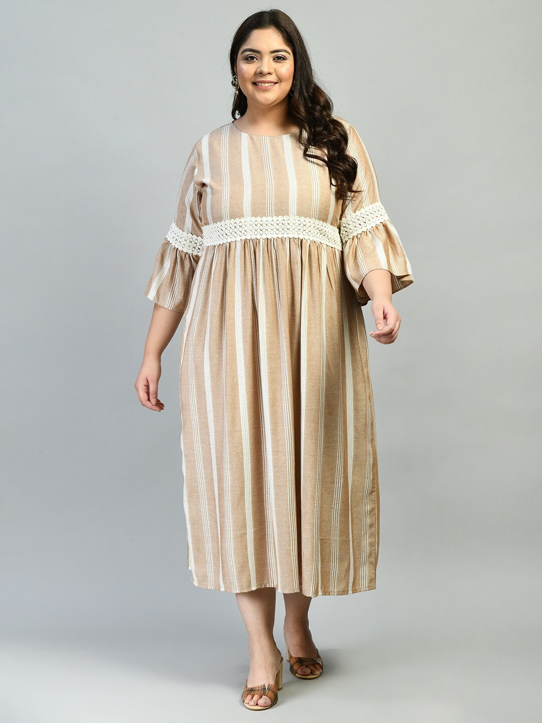 

PrettyPlus by Desinoor com Beige Striped A-Line Midi Dress