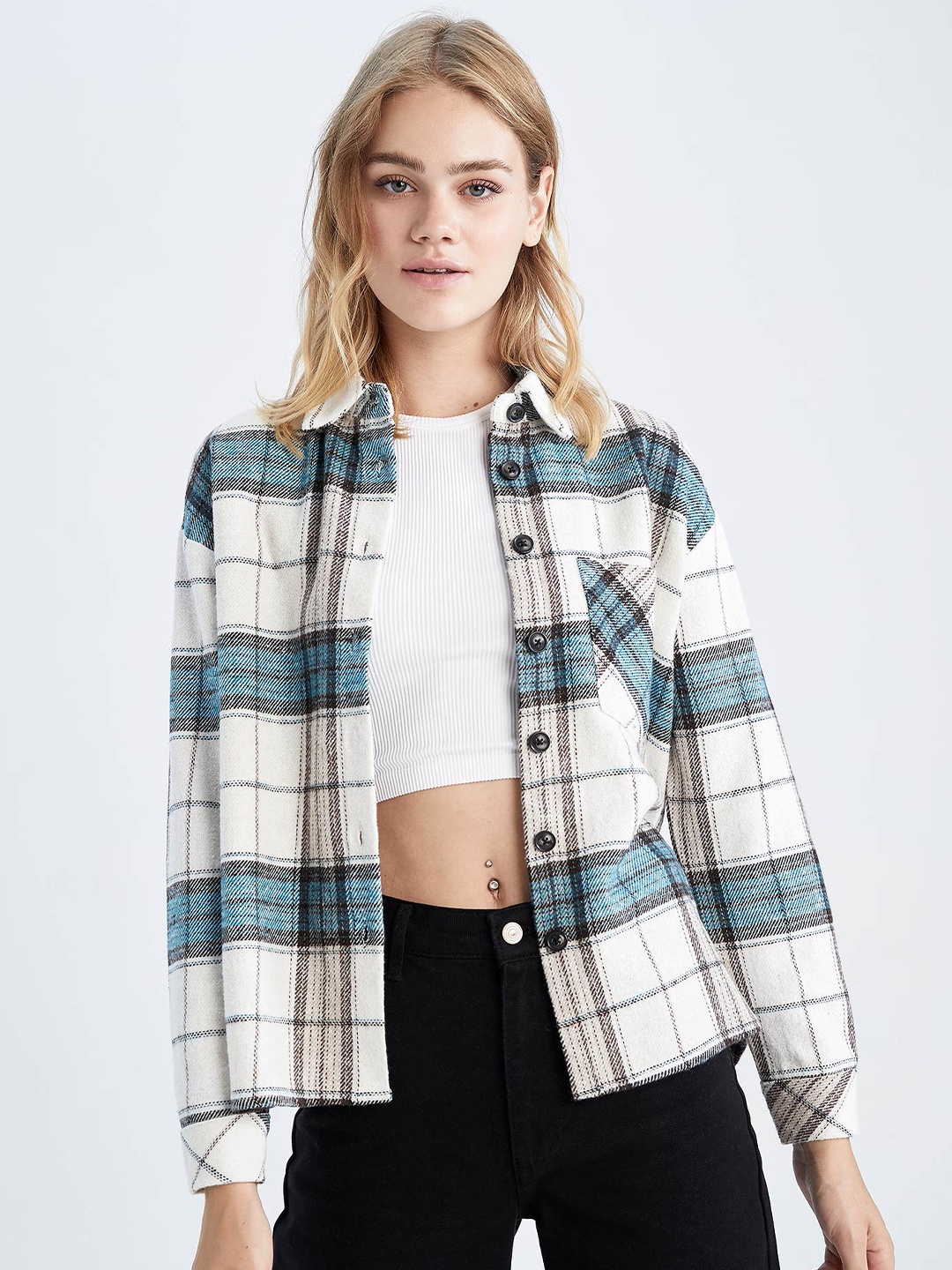 

DeFacto Women White Tartan Checked Casual Shirt