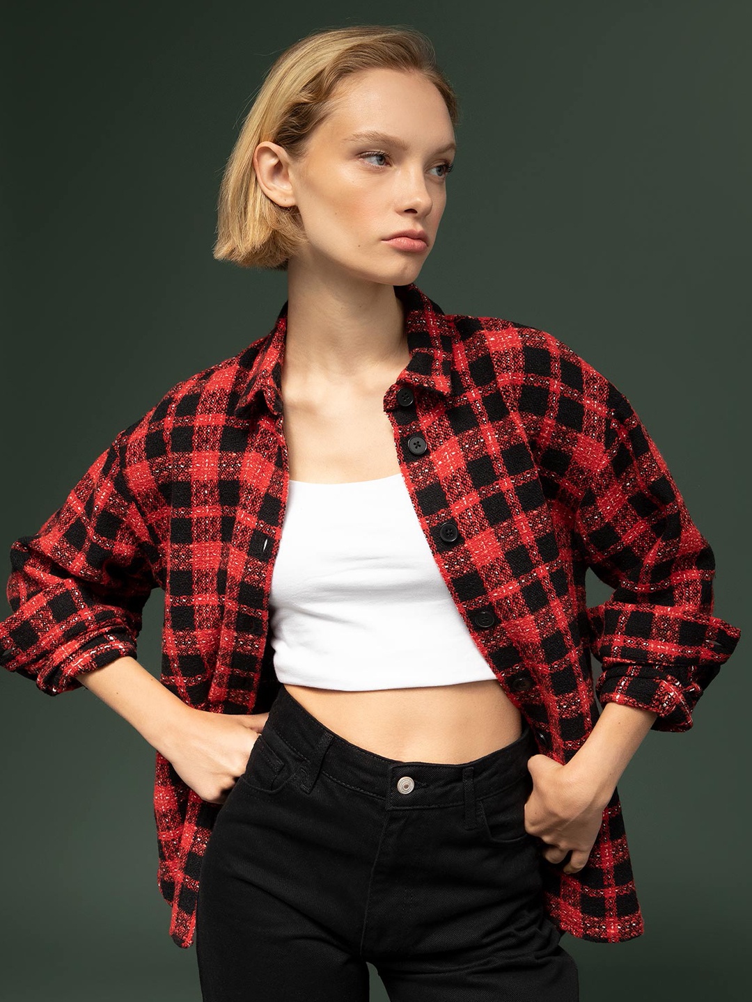 

DeFacto Women Red Tartan Checked Casual Shirt