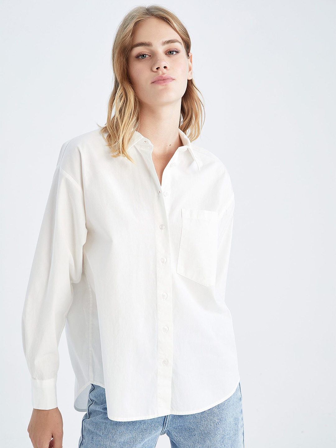 

DeFacto Women Off White Pure Cotton Casual Shirt