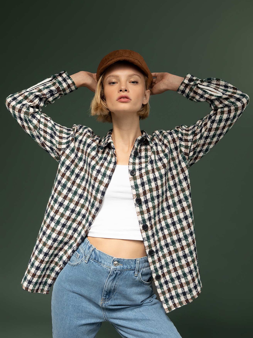

DeFacto Women Beige & Green Gingham Checked Casual Shirt