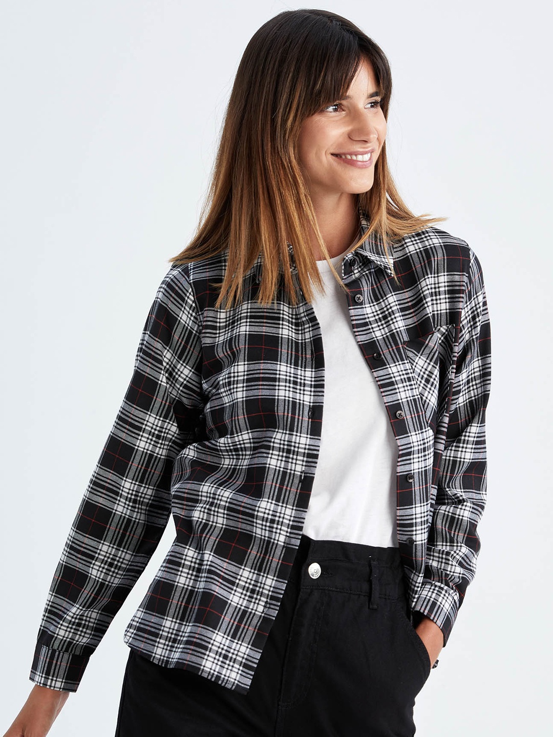 

DeFacto Women Black Tartan Checked Casual Shirt