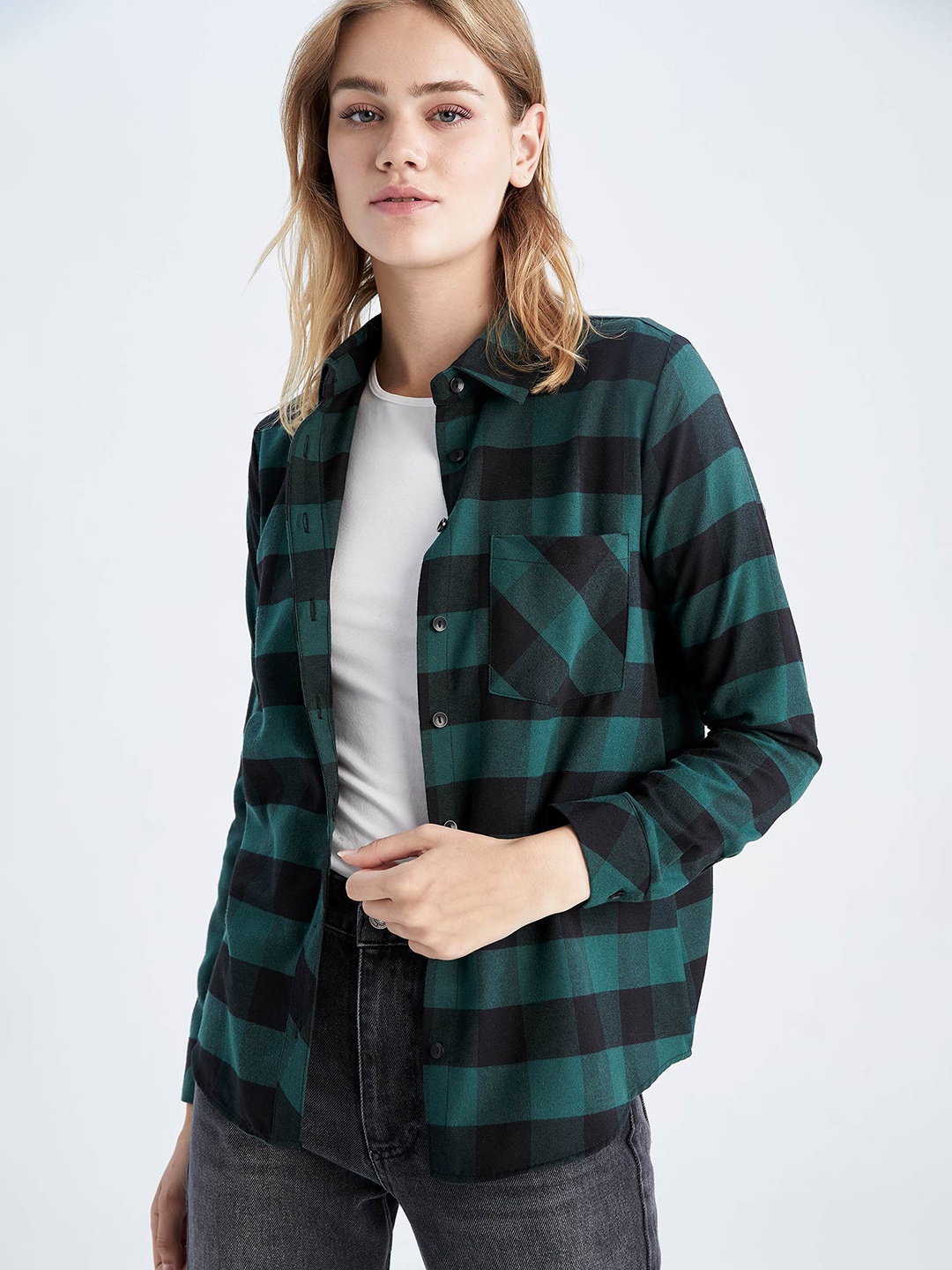 

DeFacto Women Green Buffalo Checked Casual Shirt