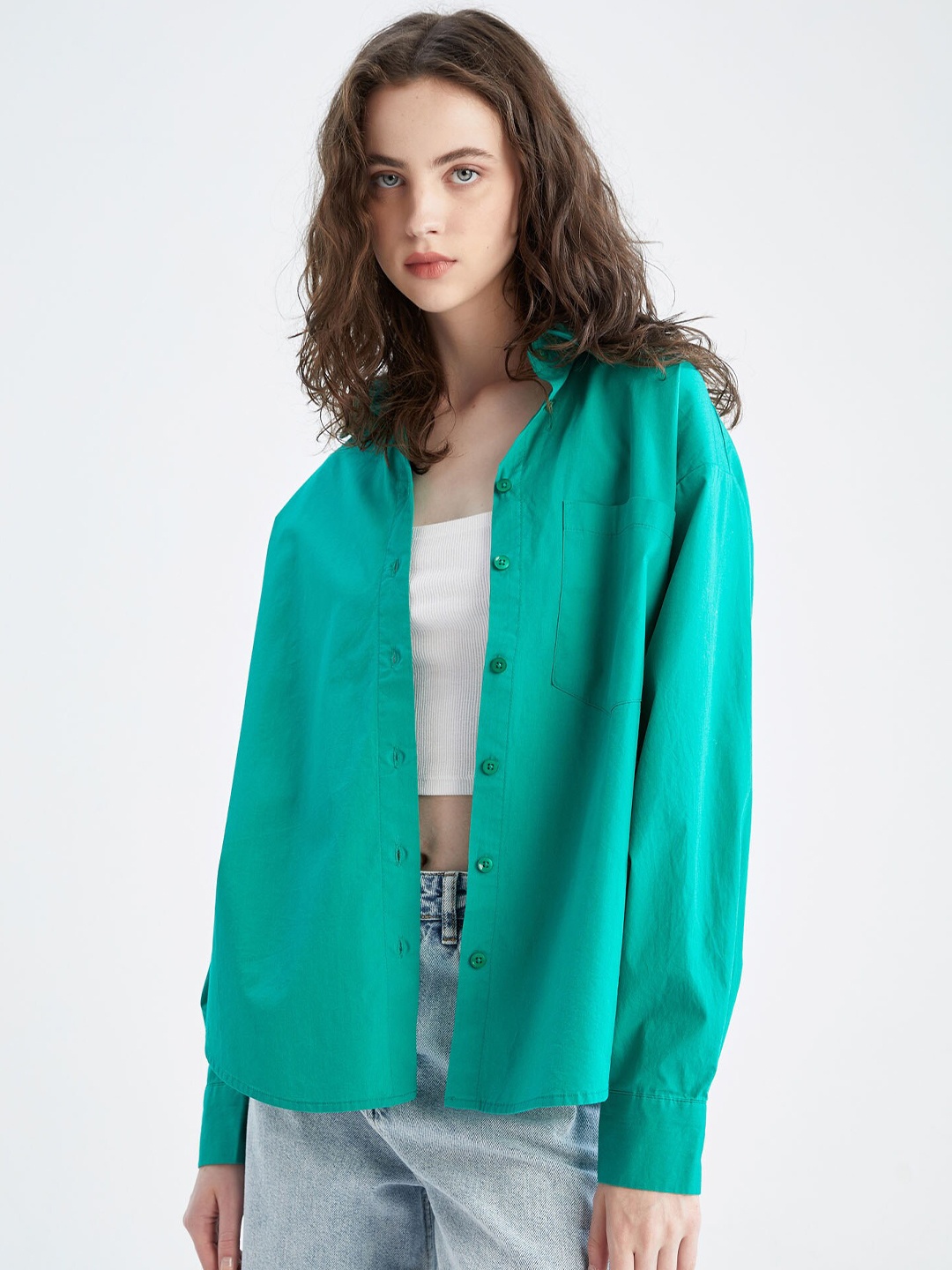 

DeFacto Women Sea Green Pure Cotton Casual Shirt