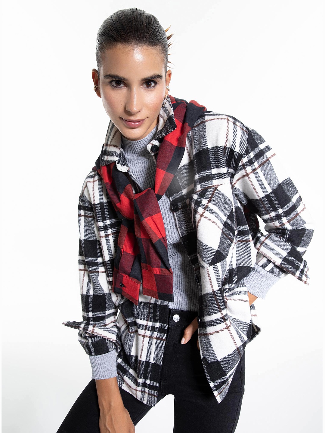 

DeFacto Women Black Tartan Checked Casual Shirt
