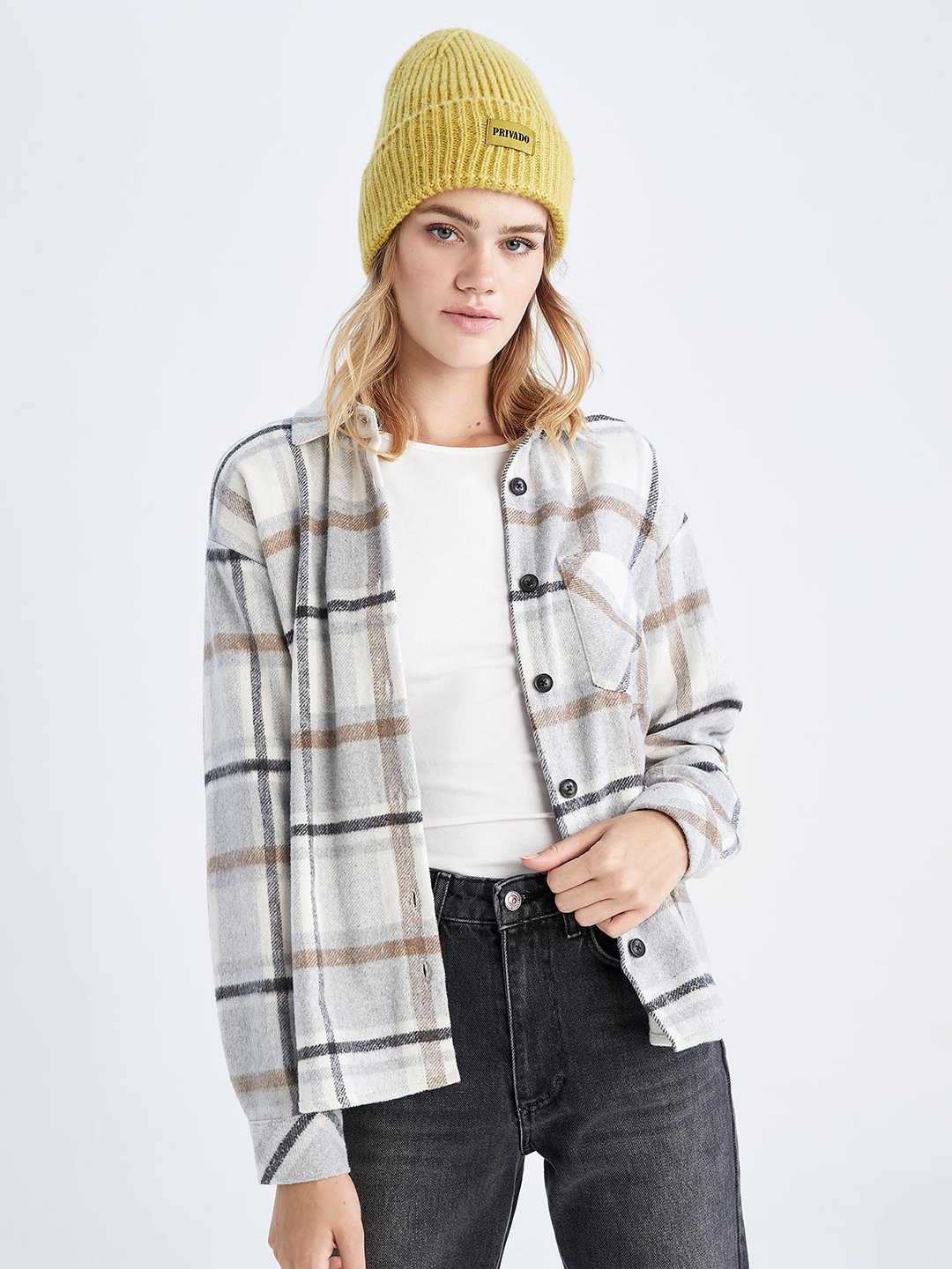 

DeFacto Women Grey Checked Casual Shirt