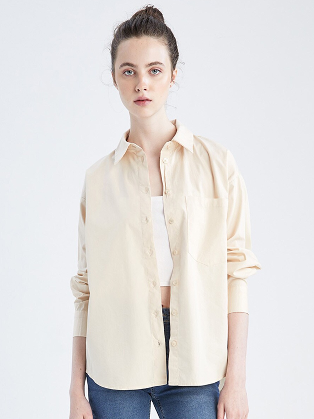 

DeFacto Women Beige Pure Cotton Casual Shirt
