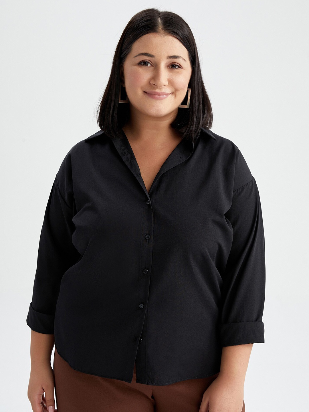 

DeFacto Women Plus Size Black Solid Casual Shirt