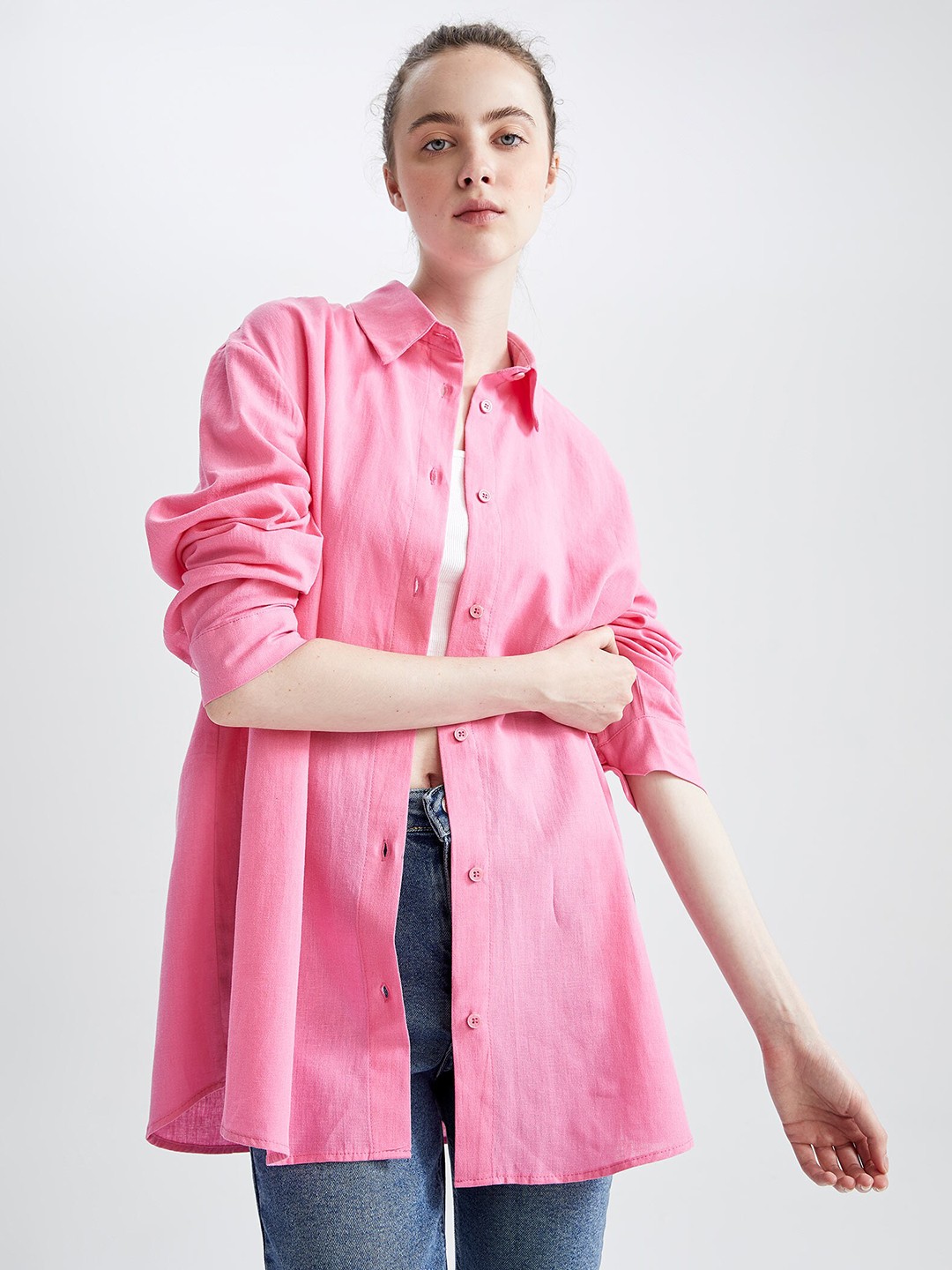 

DeFacto Women Pink Drop Shoulder Sleeve Casual Shirt