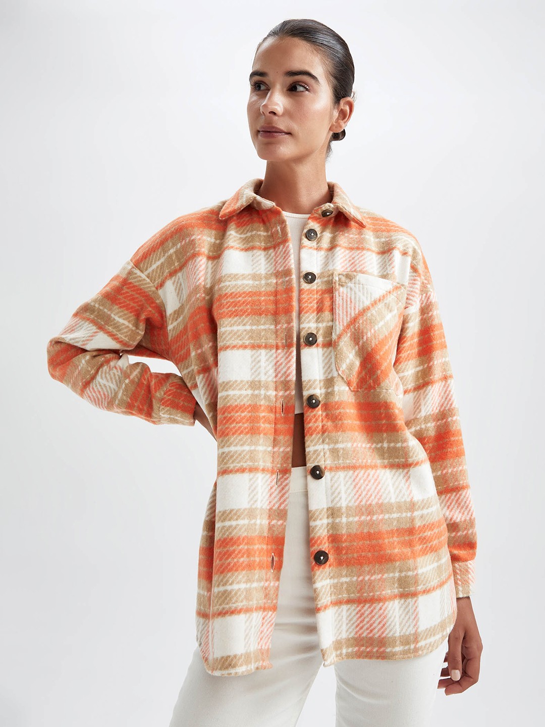 

DeFacto Women Orange Checked Casual Shirt