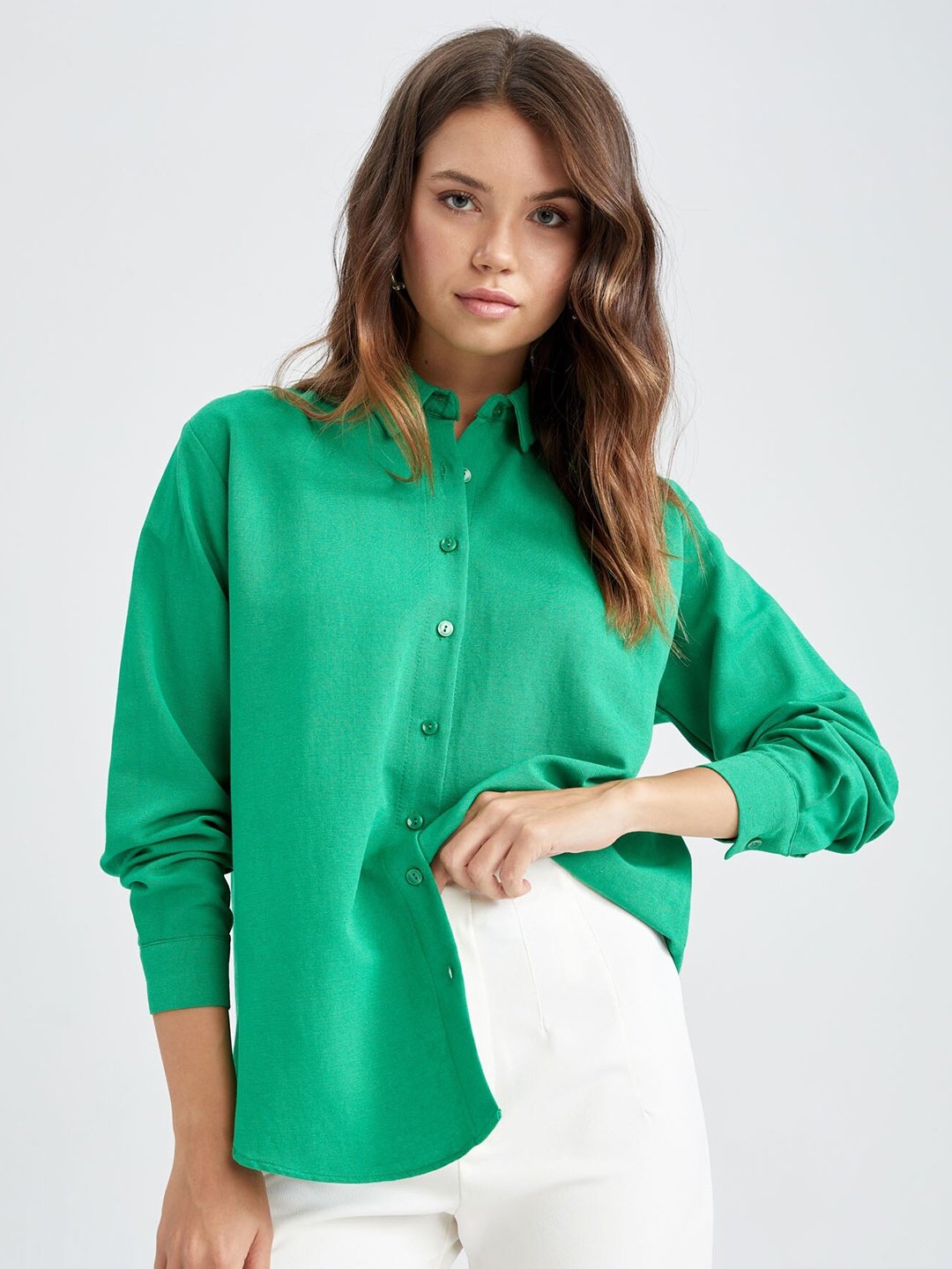 

DeFacto Women Green Solid Casual Shirt