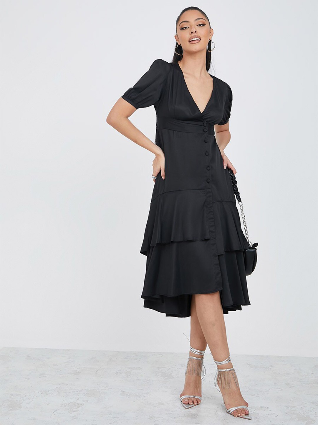 

Styli Women Black Cuffed Sleeves Asymmetric Hem Wrap Midi Dress