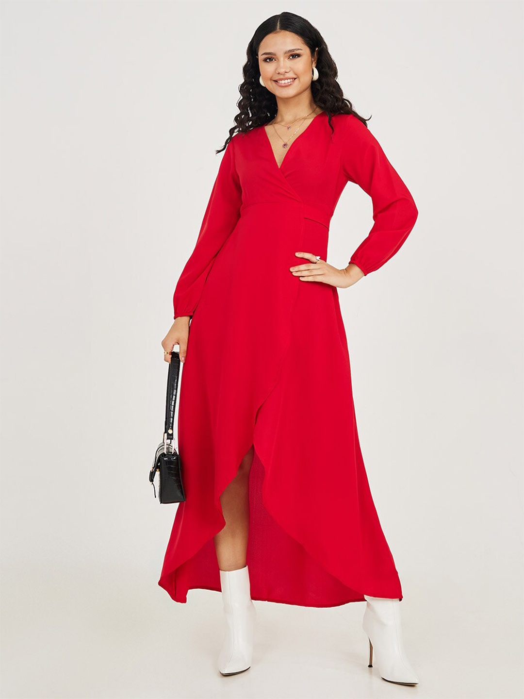 

Long Sleeves Wrap Around Maxi Dress, Red