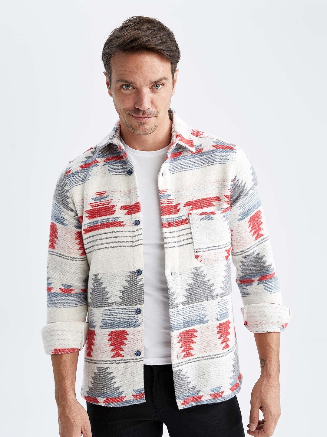 

DeFacto Men Off White & Grey Printed Casual Shirt